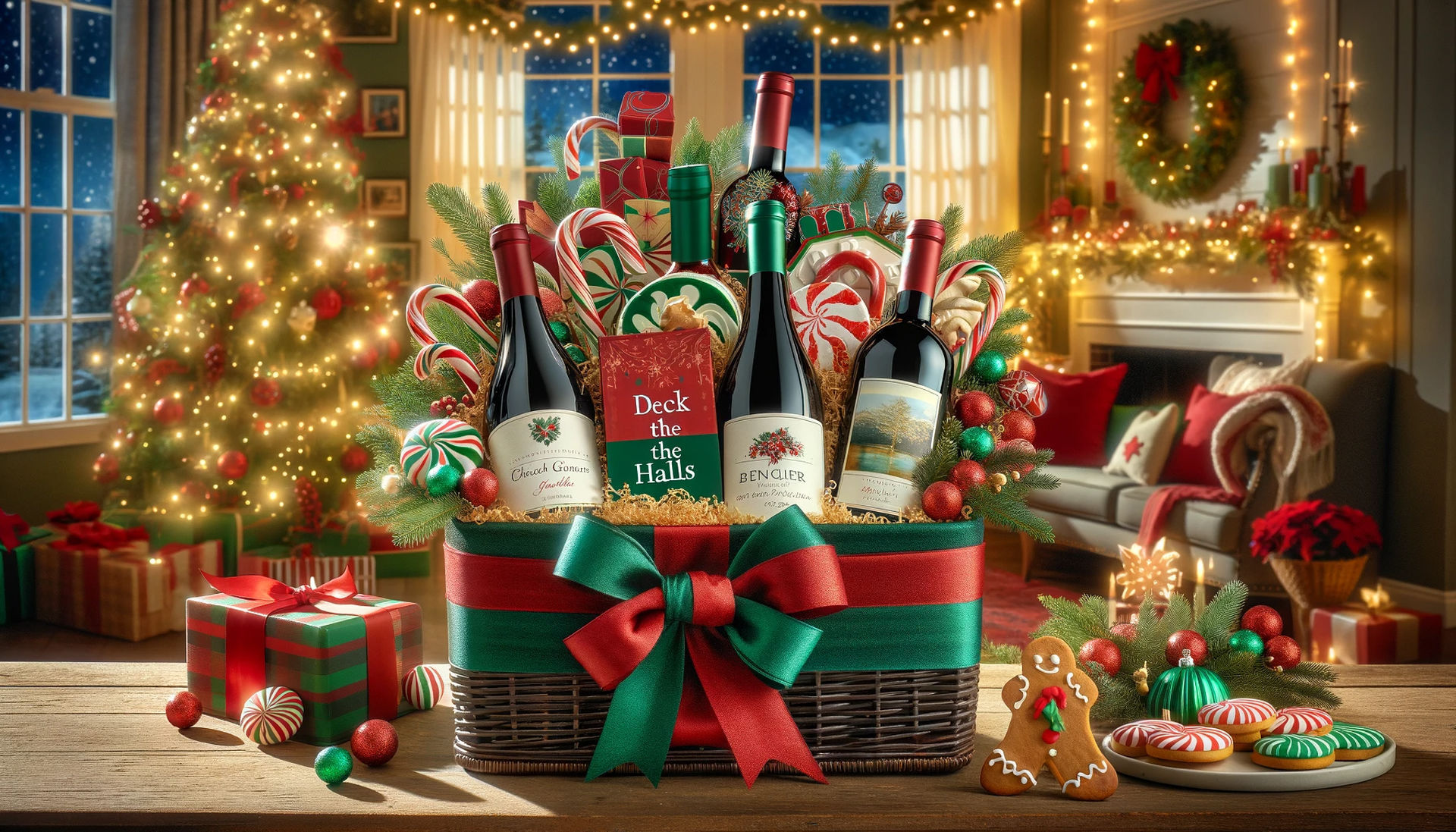 wine gift basket - A festive scene depicting a holiday-themed wine gift basket for 'Deck the Halls'. The basket includes a selection of red and green wines, creatively r