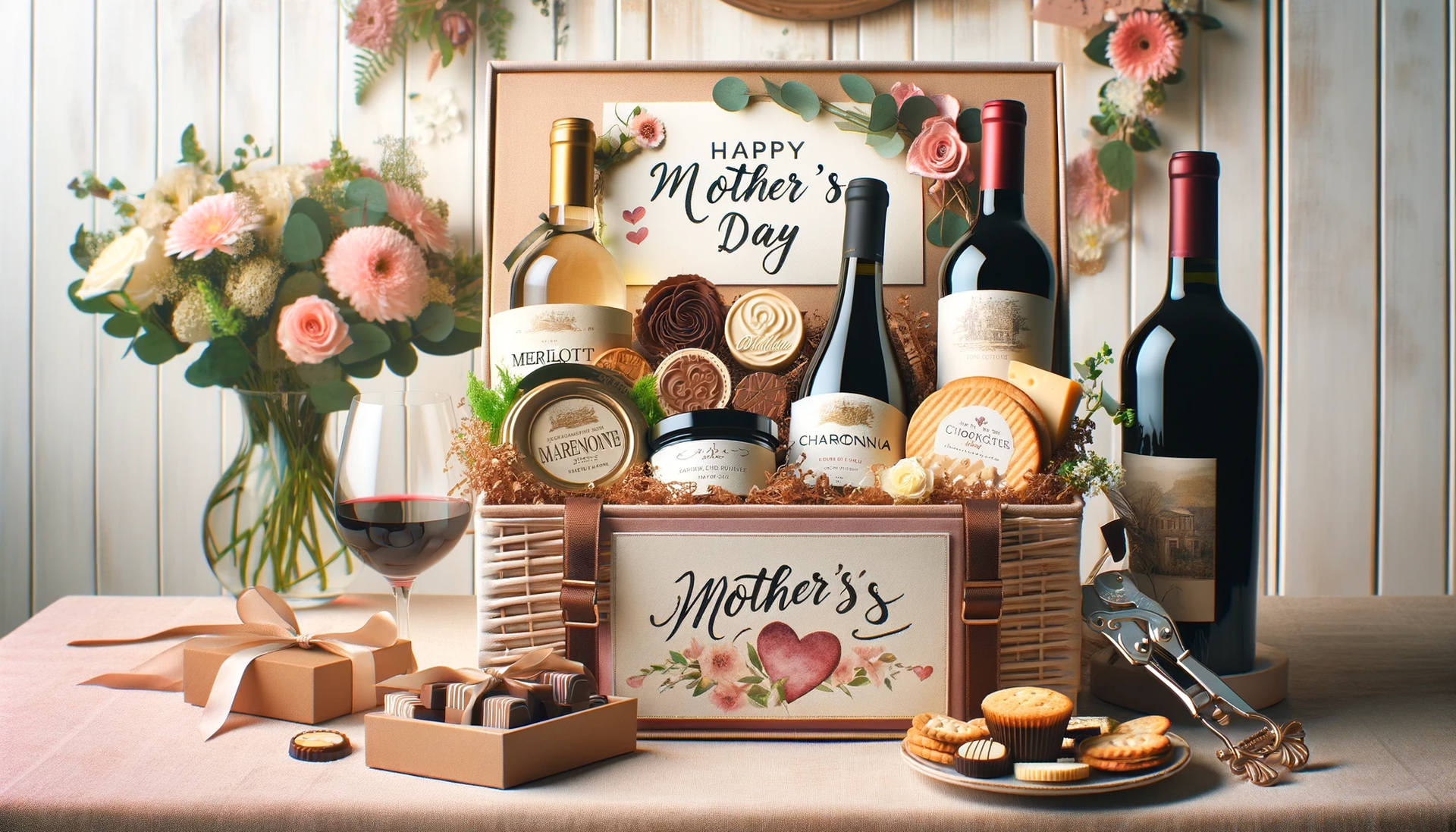 wine gift basket - DALL·E 2023-12-13 16.17.01 - A heartwarming Mothers Day scene showcasing a beautifully curated wine gift basket. The basket includes a selection of favorite wines like Merlot and