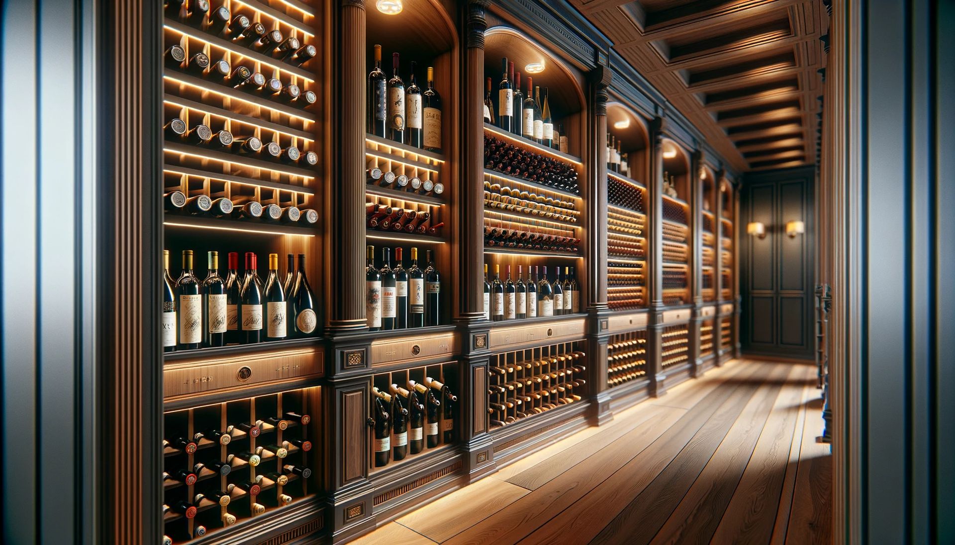 high-resolution image of a luxurious wine cellar showcasing a variety of vintage wines from different years and regions.  The image have an elegant and aged atmosphere, with wooden wine racks, ambient lighting, and visible labels indicating the vintage years.  by Encyclopedia Wines