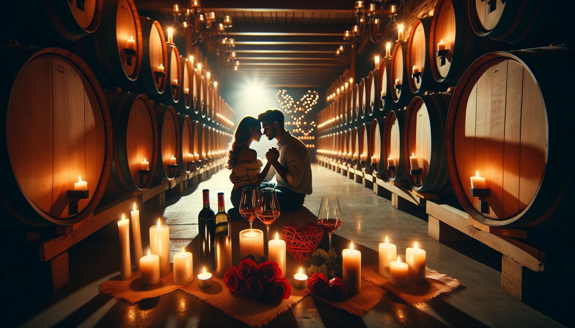 Valentine's Day Trip Bliss: A romantic, candlelit wine cellar with a couple enjoying a quiet moment. The setting is intimate and warm, featuring rows of wooden wine barrels. | Credit: Encyclopedia Wines
