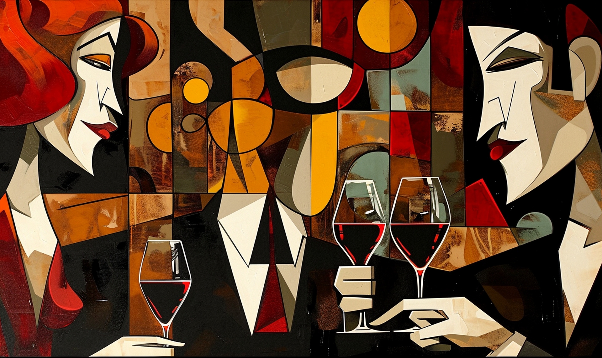 The image depicts friends toasting with wine, capturing the joy and sophistication of wine enjoyment, set in an exotic, stylish environment, reflecting the noir art of Frank Miller and the dynamic style of Pablo Picasso. - how to impress with wine