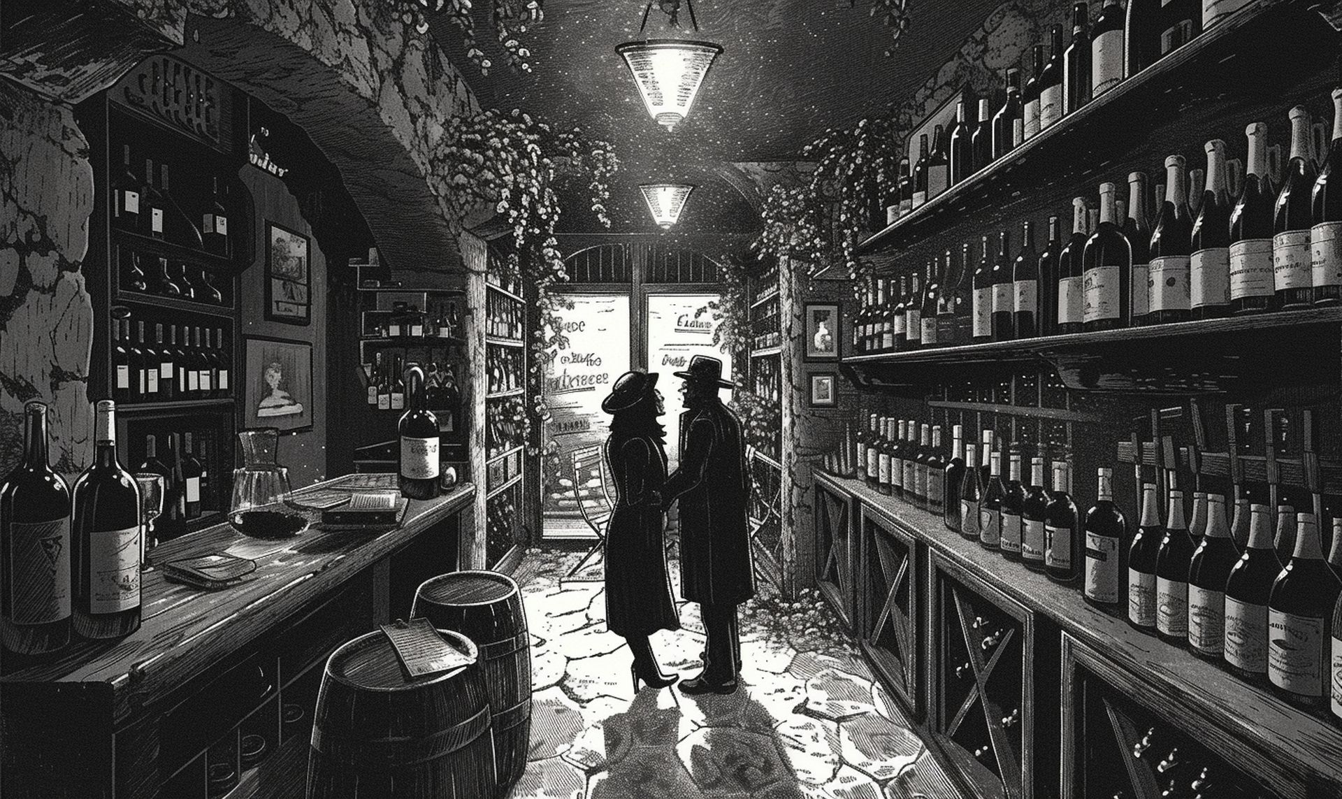 an image showing a couple selecting wine in a cozy, vintage wine shop, | image credit: Annahme der Existenz