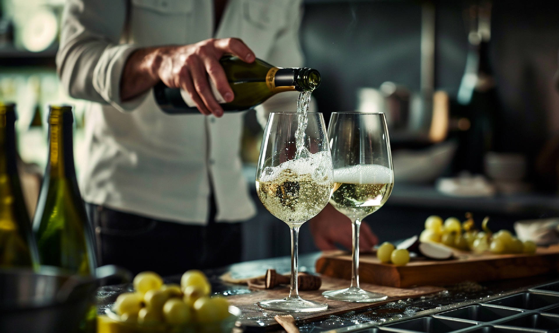 Expert demonstrating how to serve white wine elegantly, emphasizing the focus keyword ‘how to serve white wine