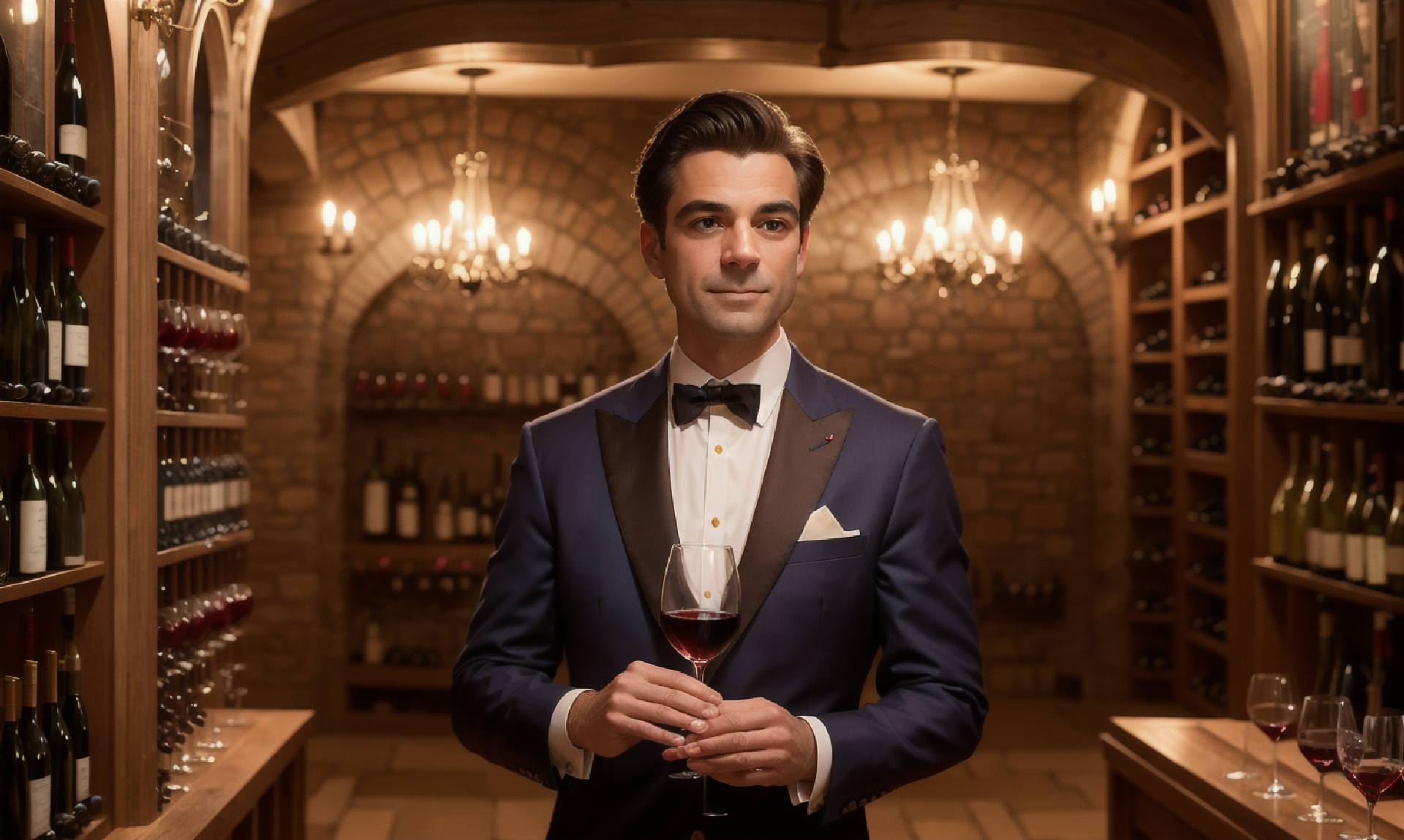 ultra-realistic, high-resolution 4K photograph of a professional sommelier in elegant attire, standing in a sophisticated wine cellar. The sommelier is examining a glass of red wine with keen interest, the tastevin necklace prominently displayed against a backdrop of wine racks filled with vintage wines