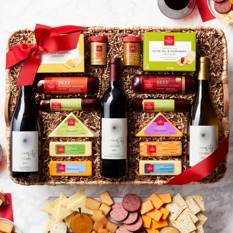 An elegantly arranged Wine and Cheese Gift Basket featuring a selection of fine wines and artisan cheeses, embodying the essence of sophisticated gifting.