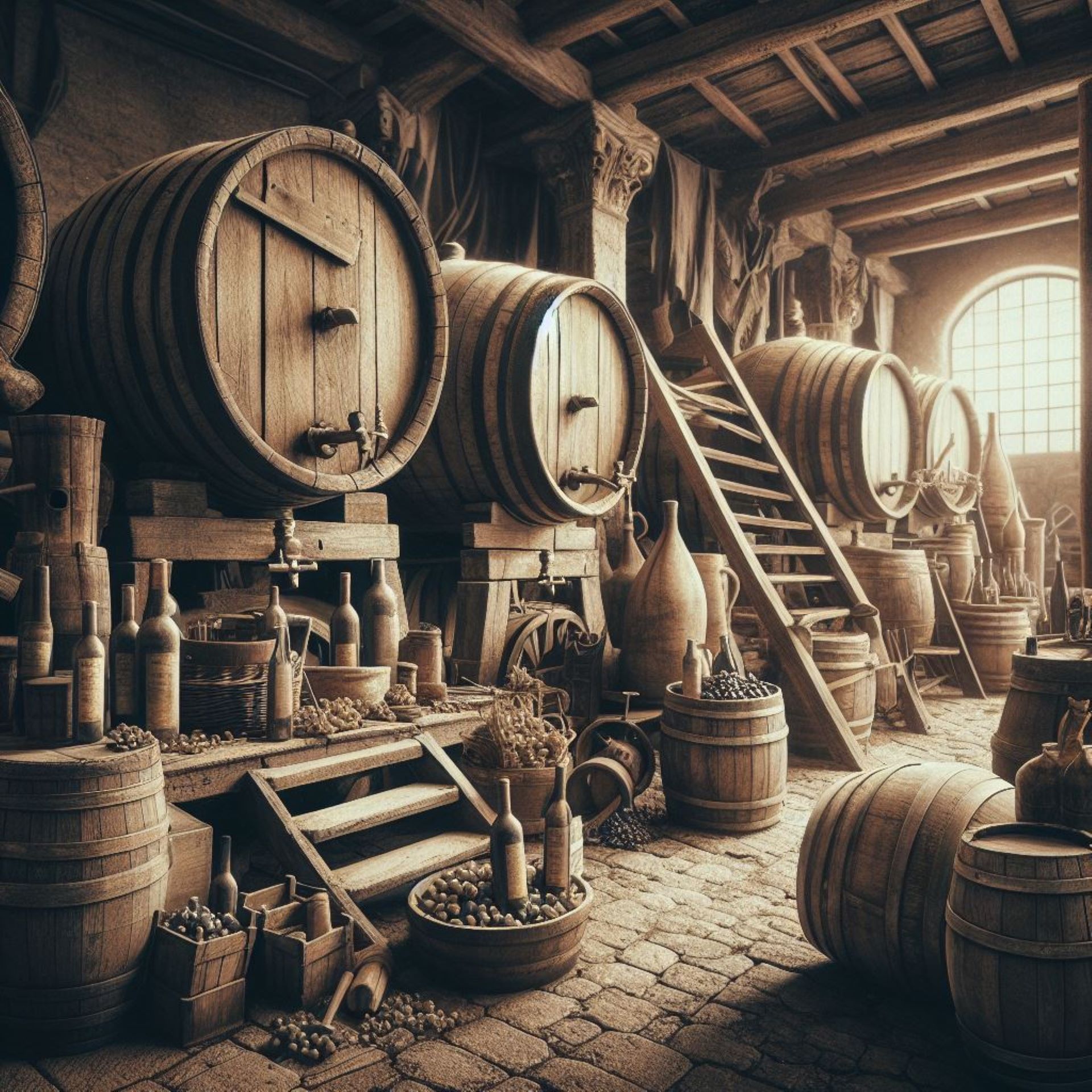 Visualize an old Italian winery with wooden barrels and vintage wine-making tools, capturing the rich history of Italian white wine production