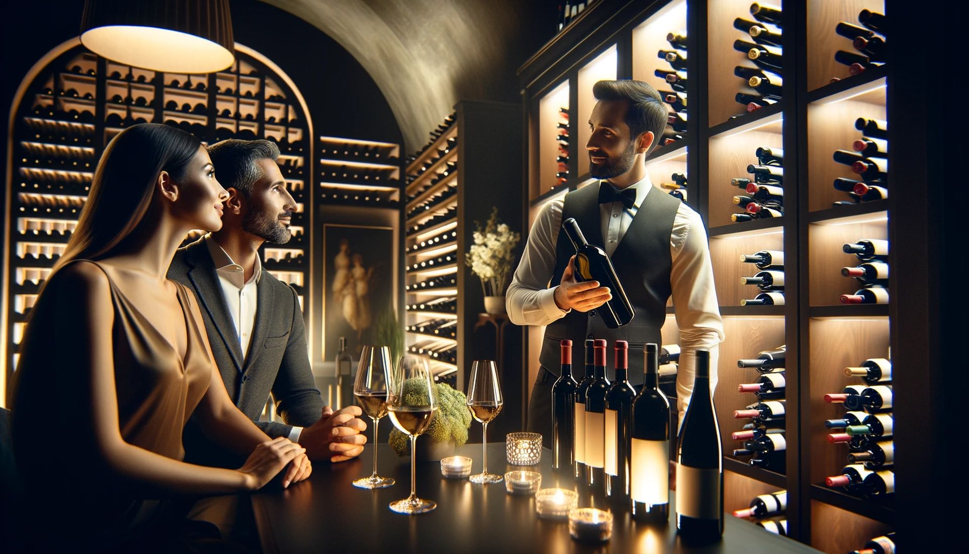Valentine's Day Trip Bliss: An elegant wine cellar with a sommelier presenting a selection of fine wines to a couple. 