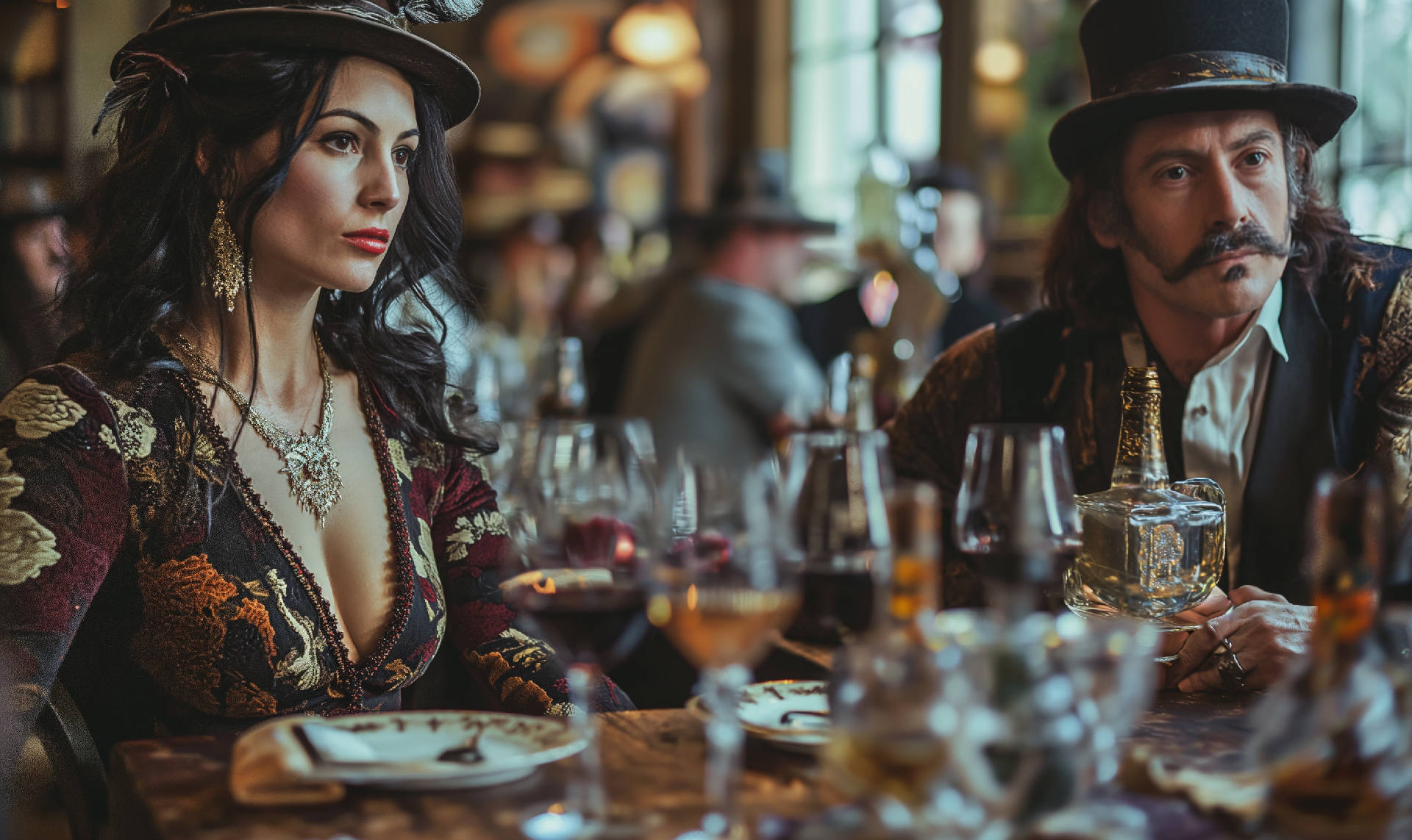 A detailed depiction of a wine tasting event, featuring people in gangster and exotic outfits, tasting Chenin Blanc and Sauvignon Blanc, in a style inspired by Frank Miller and Frank Frazetta.