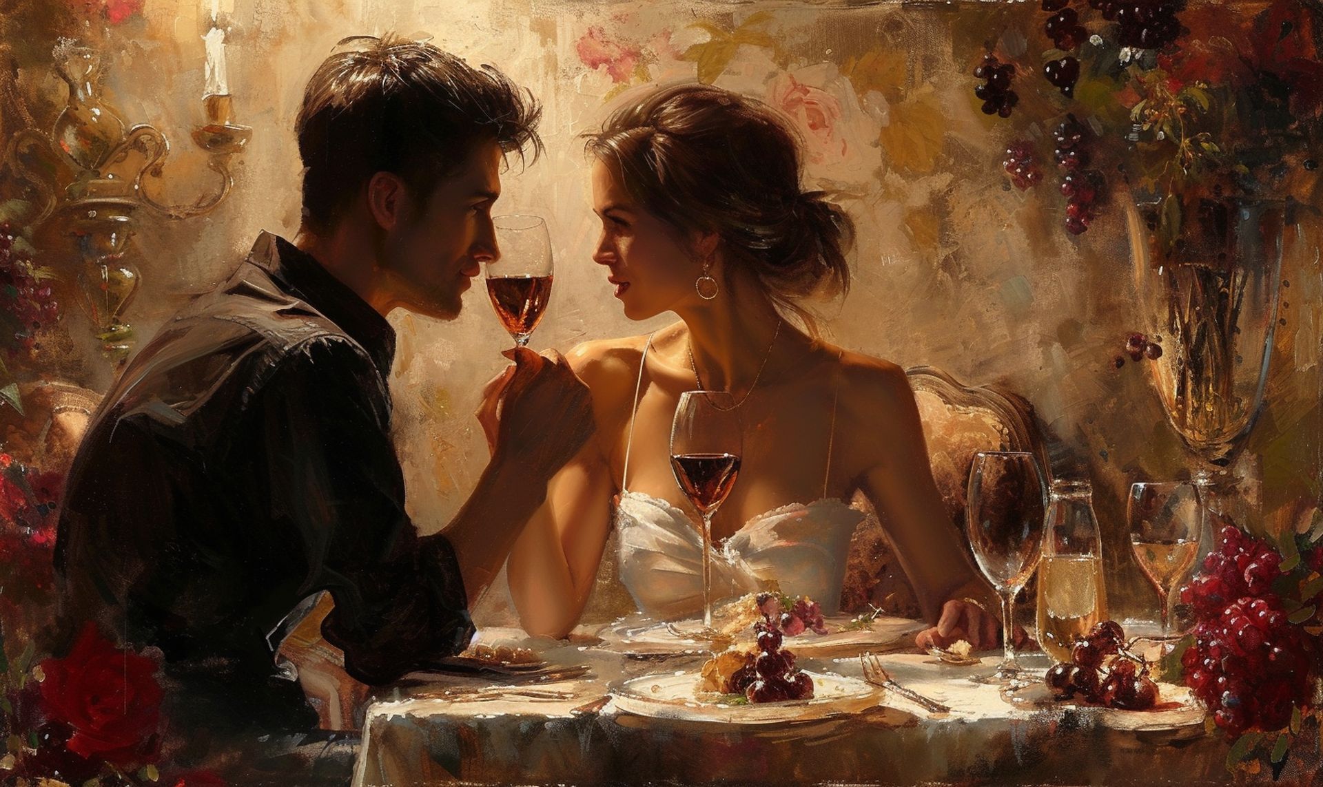 A romantic scene with a couple enjoying aphrodisiac foods and wine, surrounded by a warm, intimate ambiance, reflecting the theme of sensual culinary delights | Image credit: Umut Taydaş