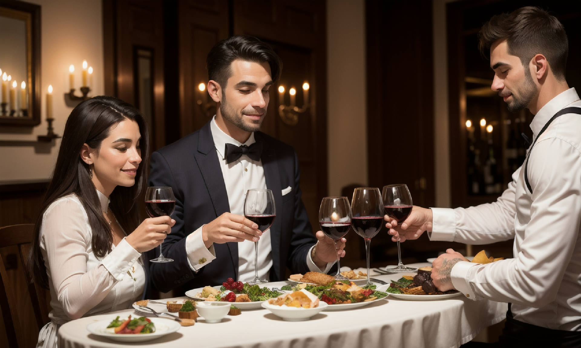 A cozy and inviting dining table setting with guests observing a waiter performing the wine presentation ritual, emphasizing the anticipation and appreciation in the atmosphere.