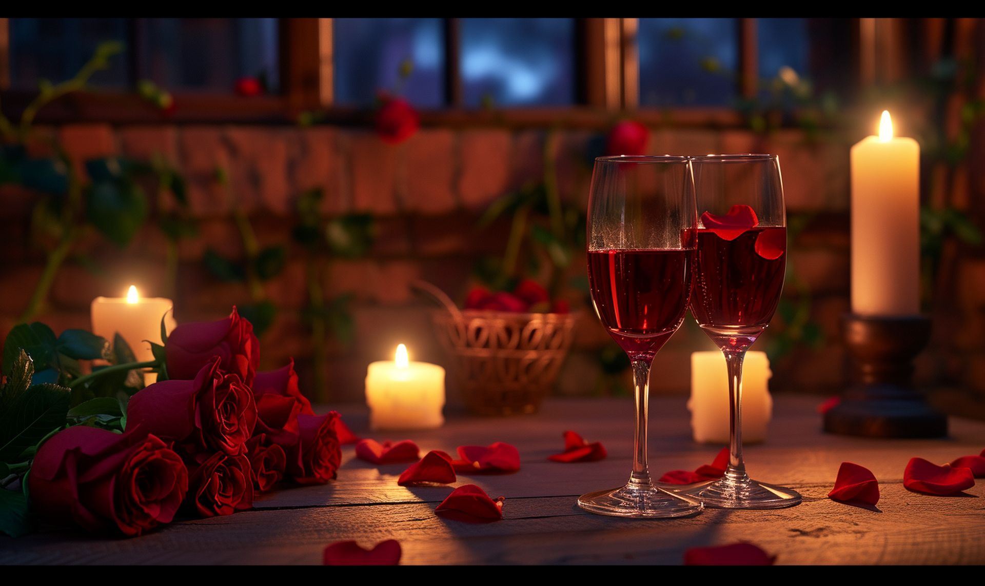 A romantic Valentine's Day dinner setting with a fine wine, capturing the essence of love and celebration, featuring your chosen keyword 'Valentine's Day with a fine wine'