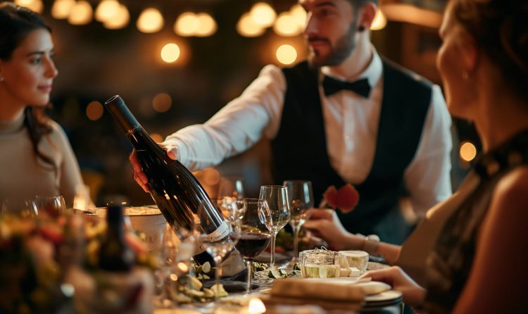 An insightful depiction of a waiter presenting a wine bottle, embodying the elegance and tradition of wine presentation rituals.