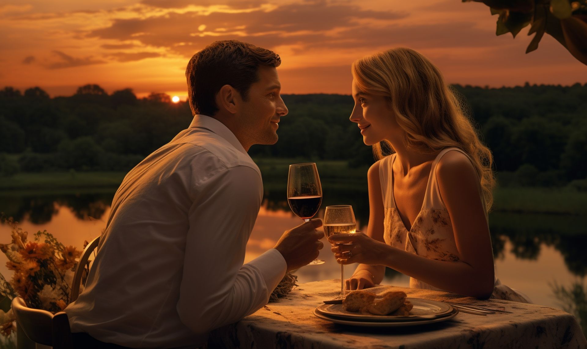 Valentine's Day Recipes: an elegant outdoor setting with white wine chilling, a couple sharing a loving glance, backdrop of a dreamy sunset,. | Image credit: Merasturda Enkeste