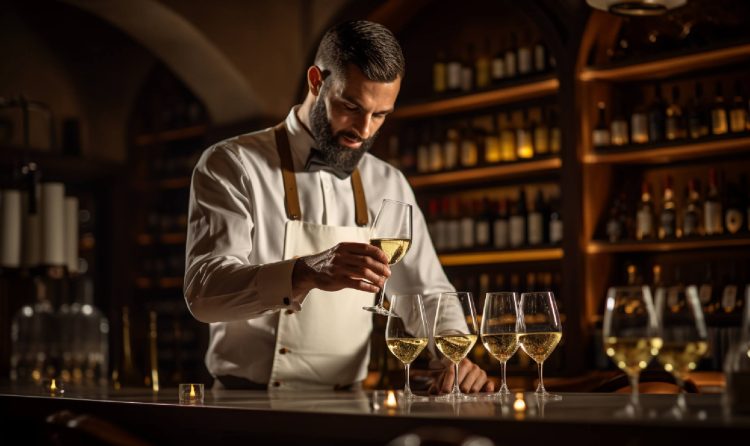 how to serve white wine | Photography of a sommelier pouring white wine into a glass