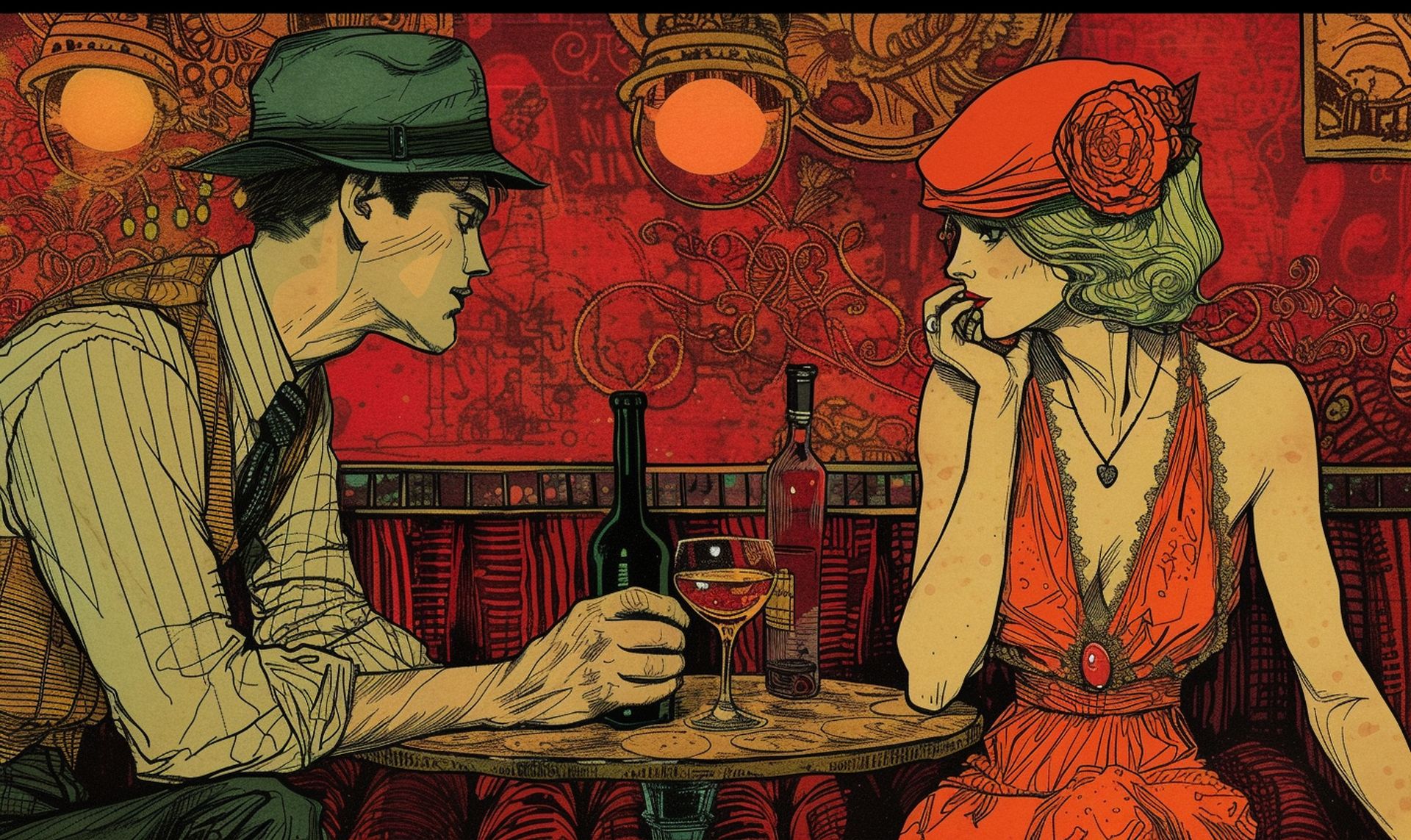 A vintage-style romantic scene, showing a couple in a 1920s setting, sharing a bottle of fine wine, capturing the essence of Valentine's Day. 