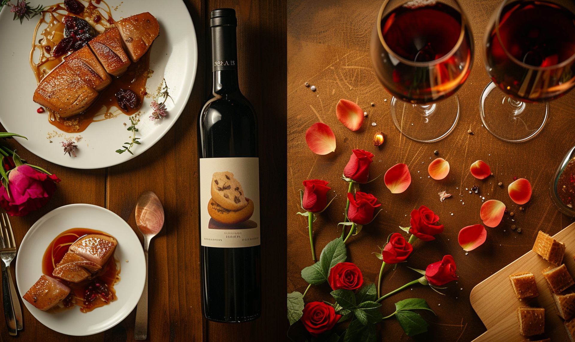 A variety of aphrodisiac foods elegantly paired with complementary wines, highlighting the harmony of flavors and romantic presentation. | Image credit: Encyclopedia Wines