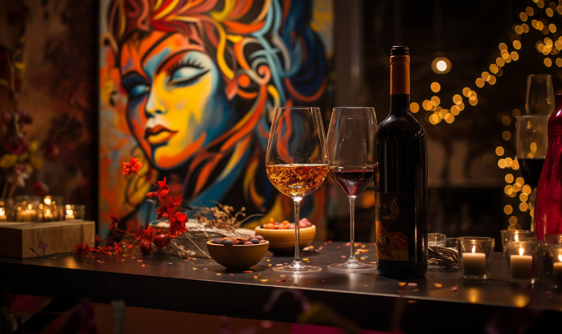 Elegant setting of a wine tasting event with diverse wine glasses, capturing the essence of artistry in wine culture, in the exotic and professional atmosphere of an Anarcho-punk genre.