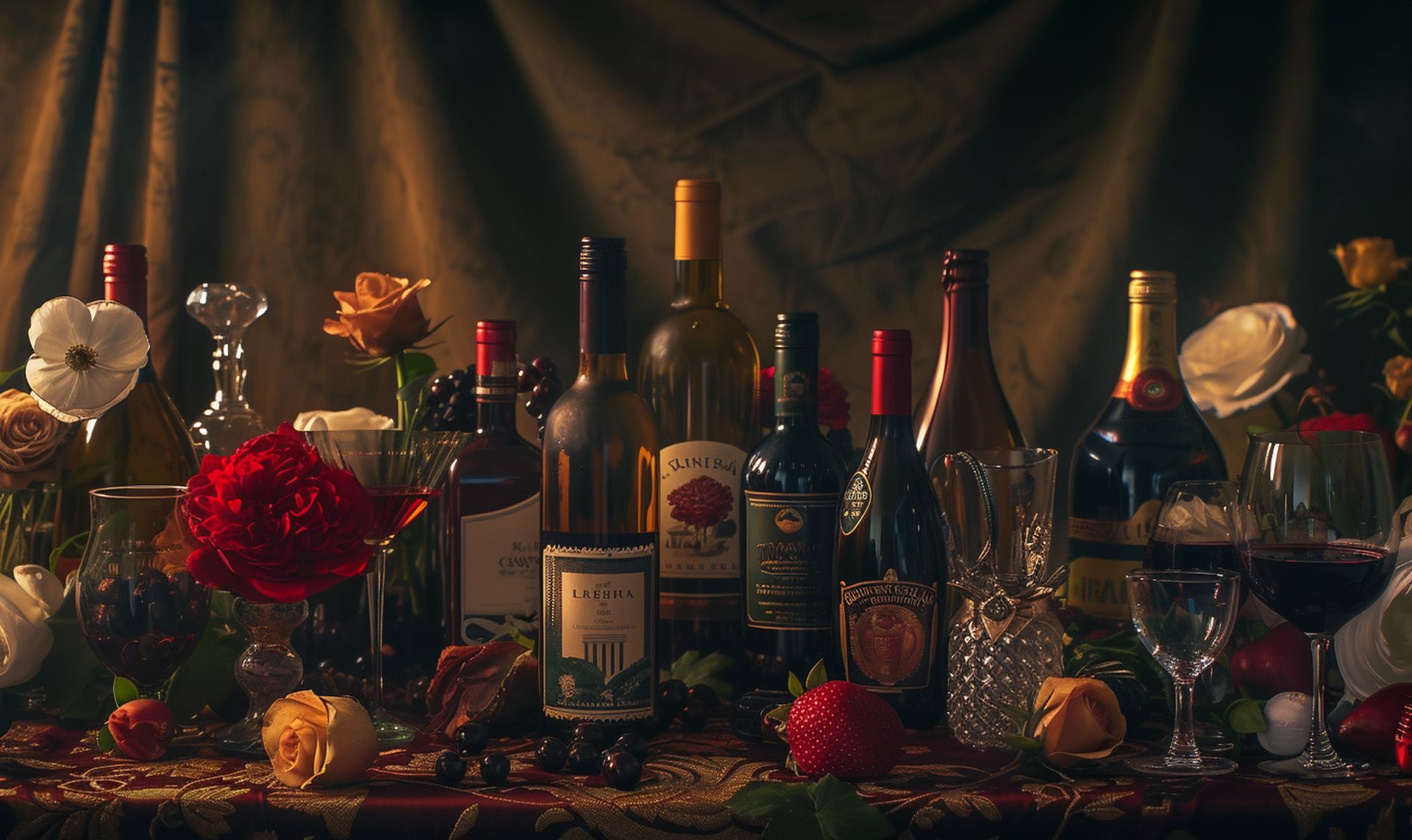 An array of fine wine bottles, each representing a type ideal for Valentine's Day celebration, set against an exotic, professional backdrop.