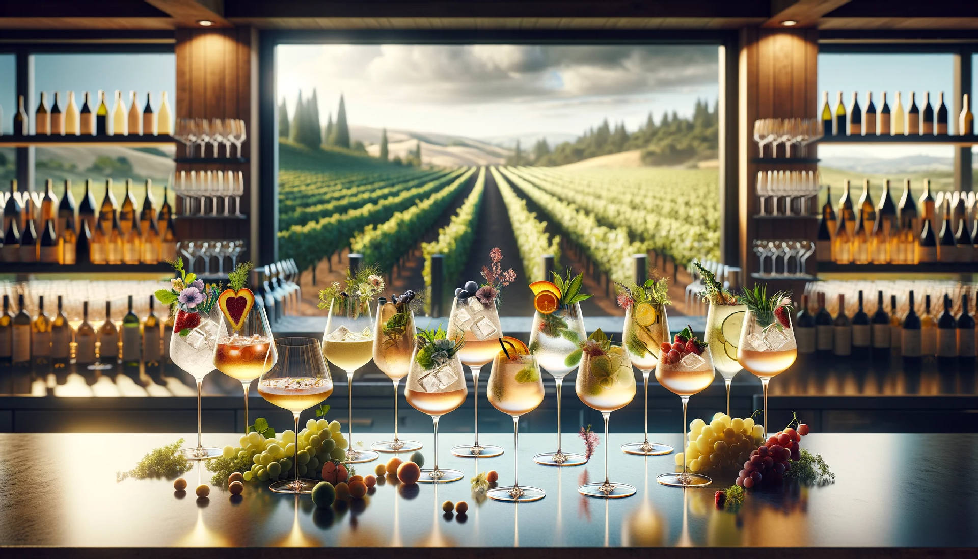  A collection of Sauvignon Blanc cocktails, elegantly presented in various glasses on a polished wooden bar. Each cocktail is garnished uniquely by umut taydaş