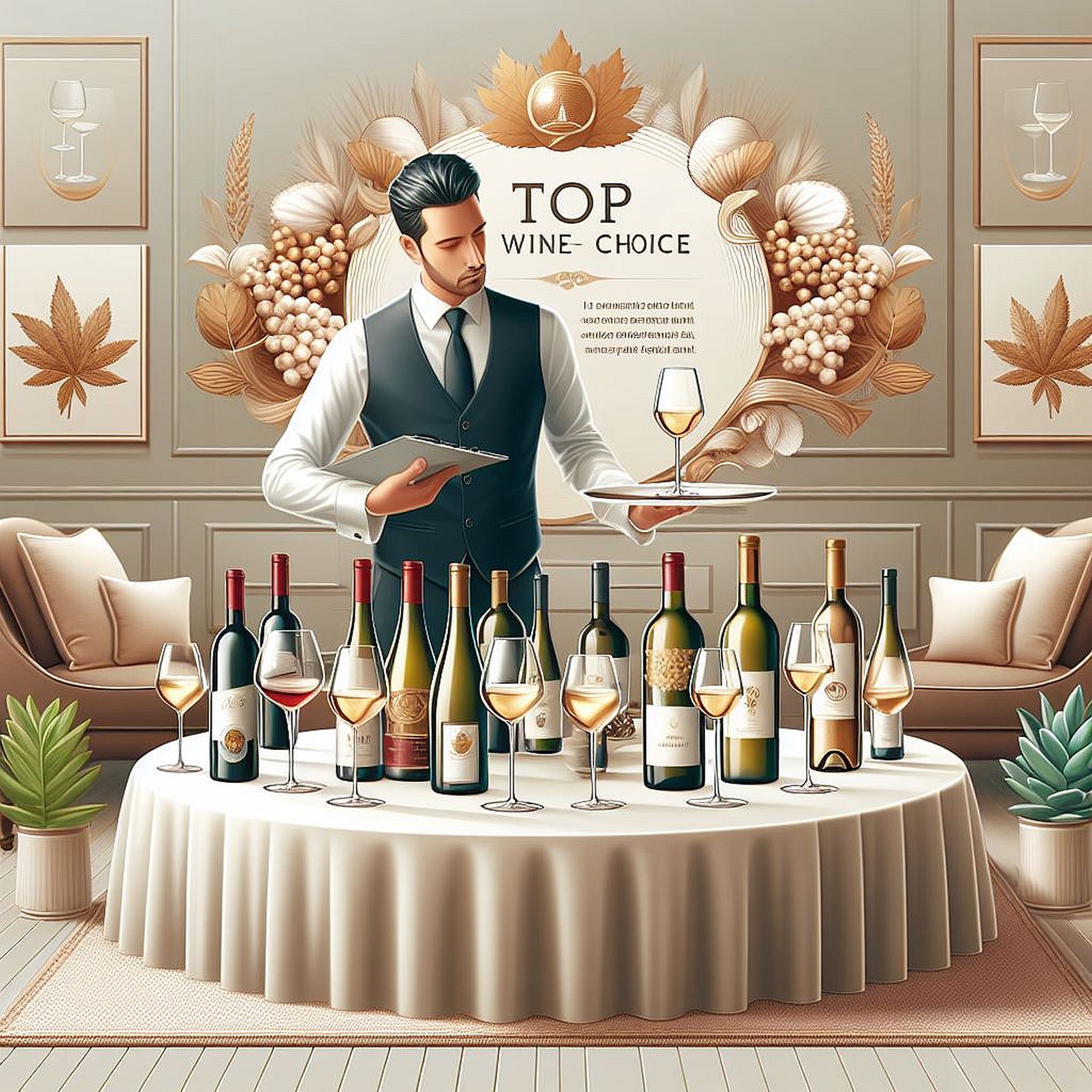 A luxurious wine tasting setting with an array of the best Italian white wines elegantly displayed on a table, accompanied by a sommelier presenting a bottle. This illustrates the section discussing top wine choices.
