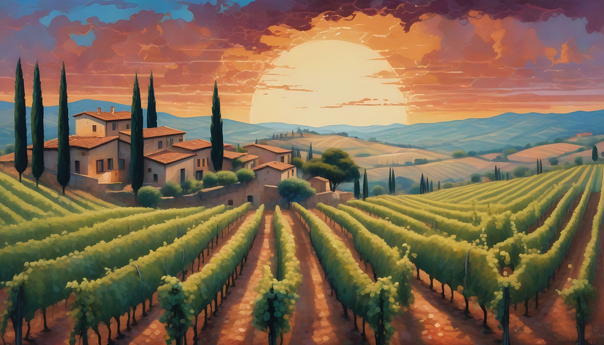 A picturesque Tuscan vineyard at sunset  with rolling hills and rows of grapevines - reflecting the serene beauty and tradition of Wine From Tuscany | image credit: Merasturda Enkeste