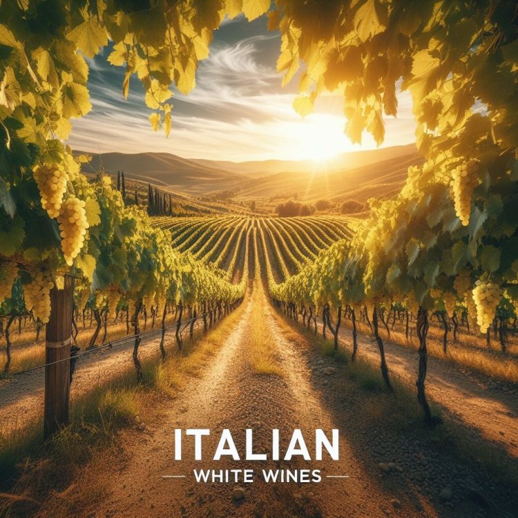 A scenic Italian vineyard, showcasing rows of grapevines under the golden sunlight, with a backdrop of rolling hills typical of Italy's wine regions. This visual sets the stage for the article's exploration of the best Italian white wines.