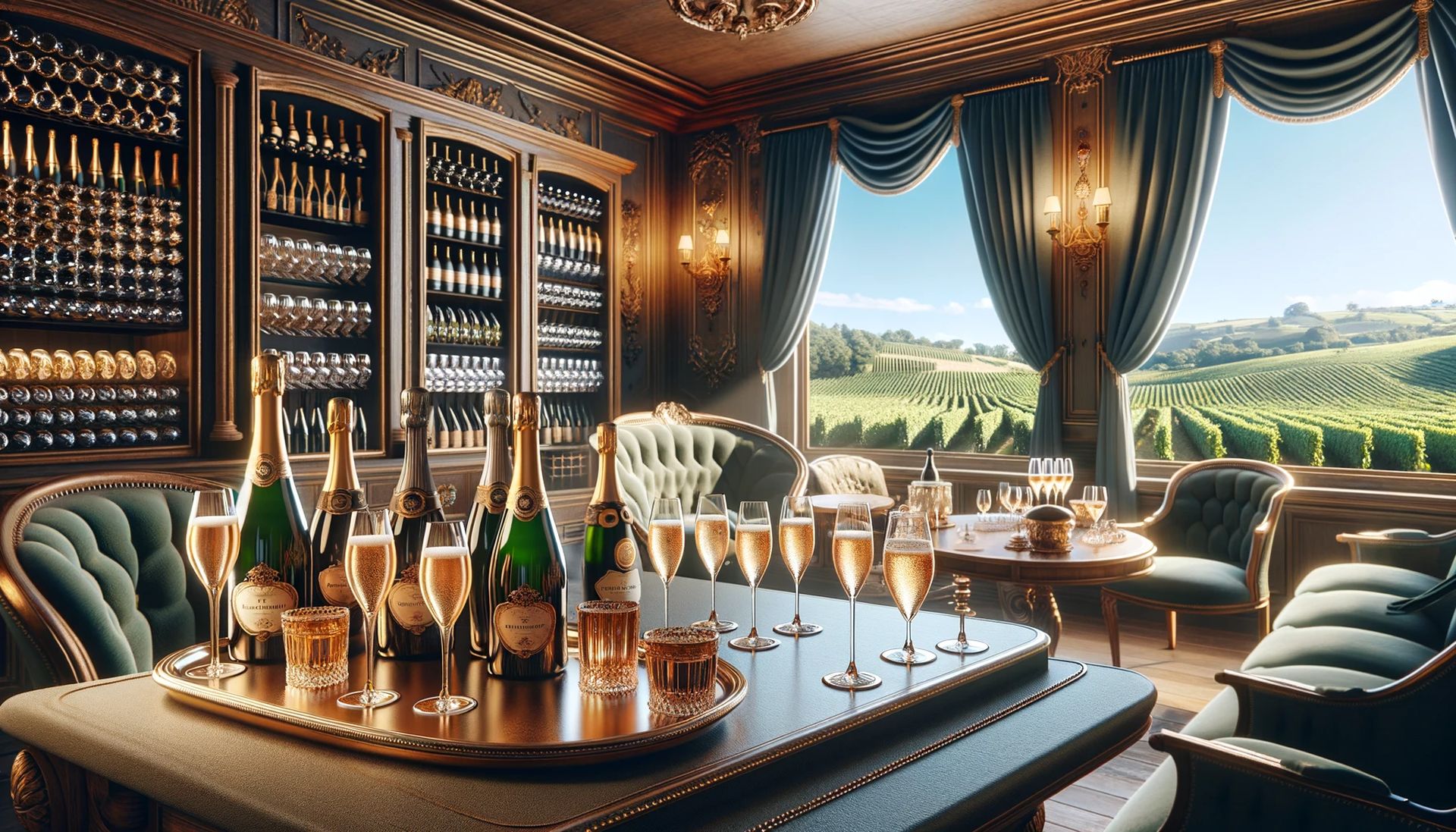 An elegant and sophisticated champagne tasting room, showcasing a variety of champagne bottles and glasses filled with sparkling champagne