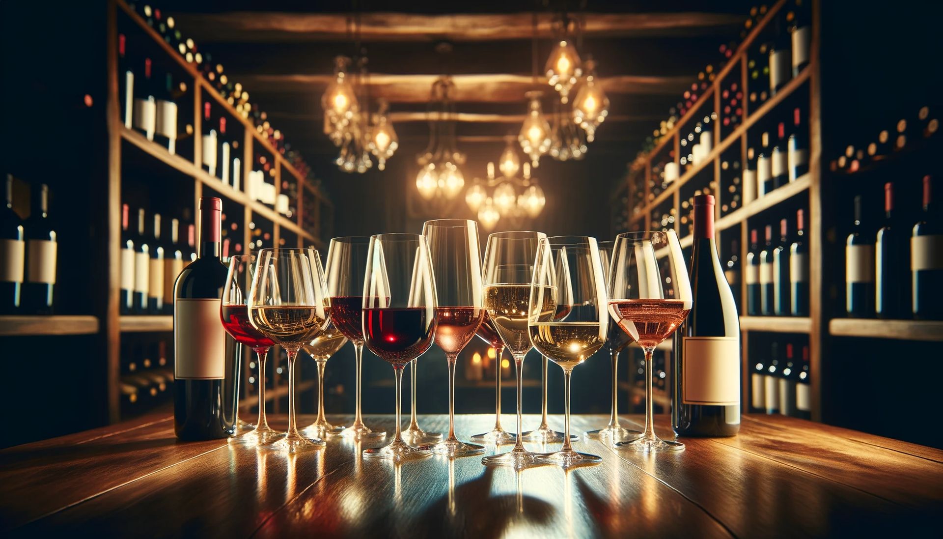 An elegant wine tasting setup with a variety of wine glasses filled with different types of wine, arranged on a polished wooden table. The background