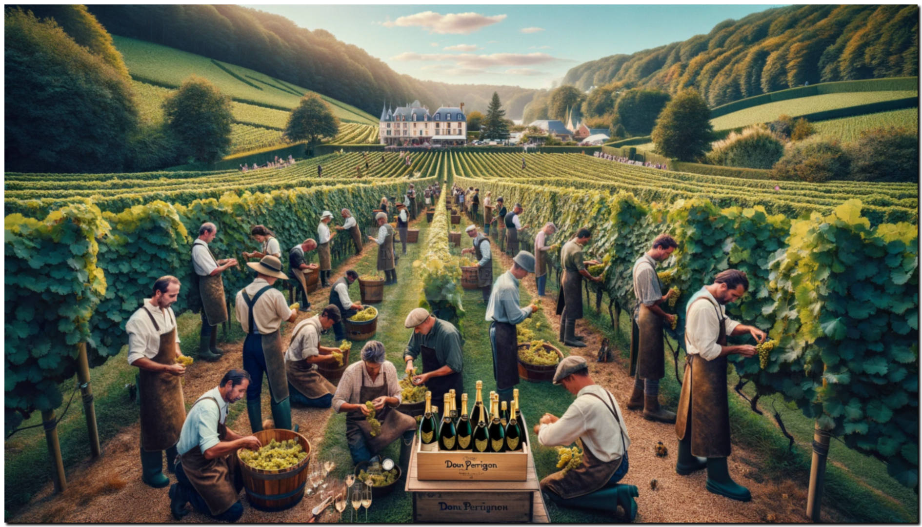 Dom Perignon Harvesting Illustration by Encyclopedia Wines