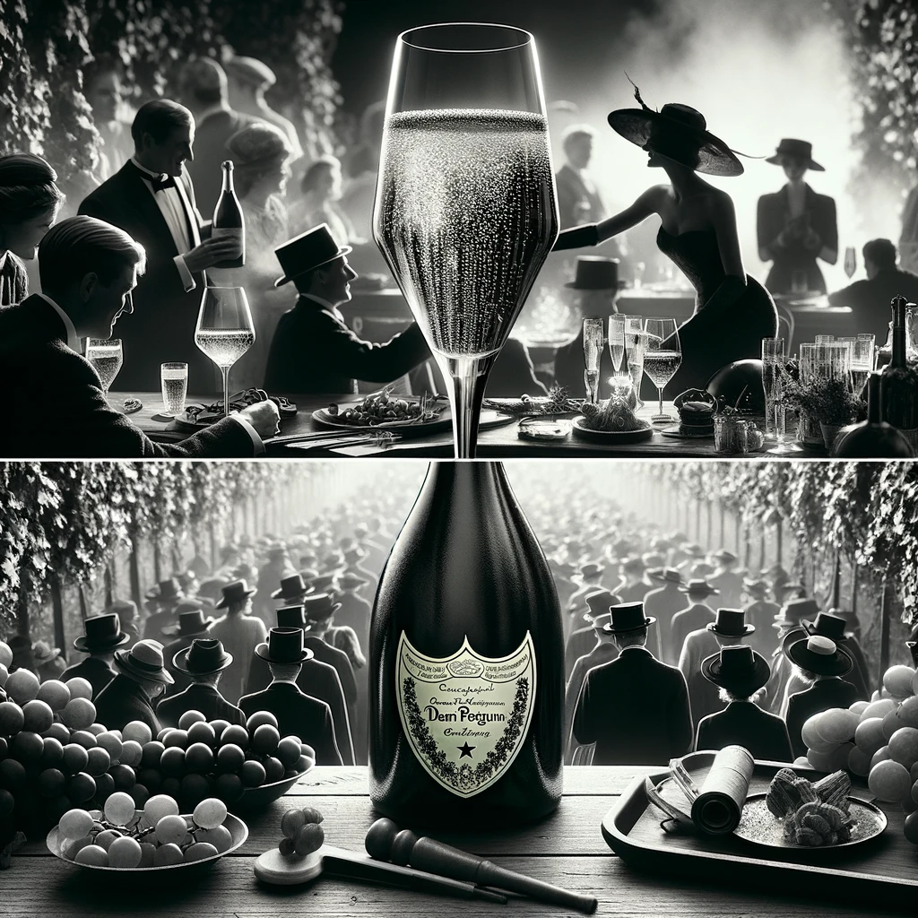 DALL·E 2024-01-02 15.17.34 - 3. A mix of documentary and black-and-white photography styles, featuring a glass of Dom Perignon by @umuttaydas via @EncyclopediaWines