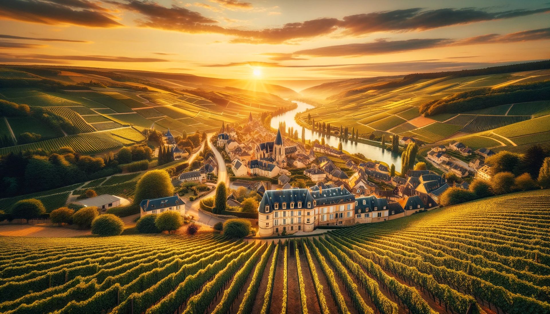 A stunning aerial view of the picturesque Champagne region in France during sunset. The landscape is dotted with lush vineyards, traditional French