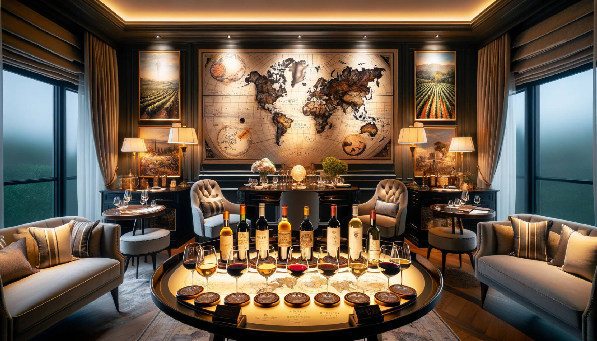 image depicts an elegantly arranged living room set for a wine tasting experience. The focal point is a table adorned with an array of mini wine bottles, each uniquely labeled to represent various global regions and grape varieties. In the background, a large, detailed world map adorns the wall, symbolizing a worldwide wine journey. The room is tastefully decorated with vineyard-inspired decor, paying homage to renowned wine regions. The overall ambiance is warm and inviting, highlighted by cozy lighting that accentuates the rich colors of the wines. The atmosphere is intimate and sophisticated, perfect for exploring the diverse flavors and aromas of the curated wine flights. The room is devoid of people, emphasizing the focus on the wine tasting setup and its elegant, travel-inspired theme.