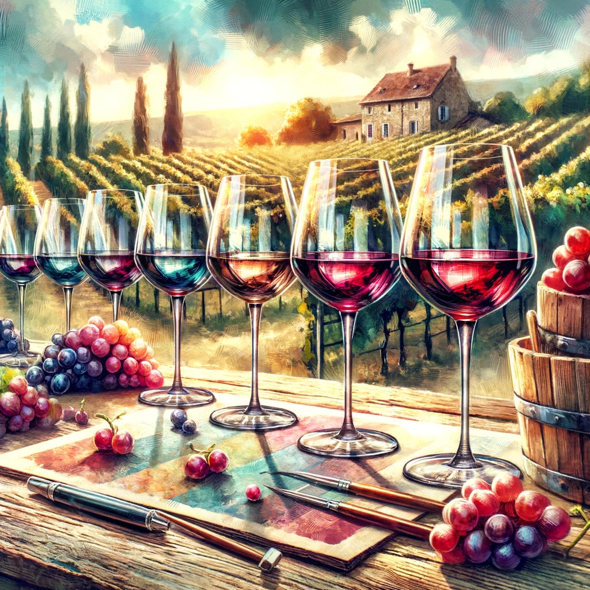 An artistic representation of a wine-tasting session for Burgundy wine, showcasing a variety of wine glasses filled with different shades of red wine. via DALL·E 2024-01-16 14.59.55 by umut taydaş