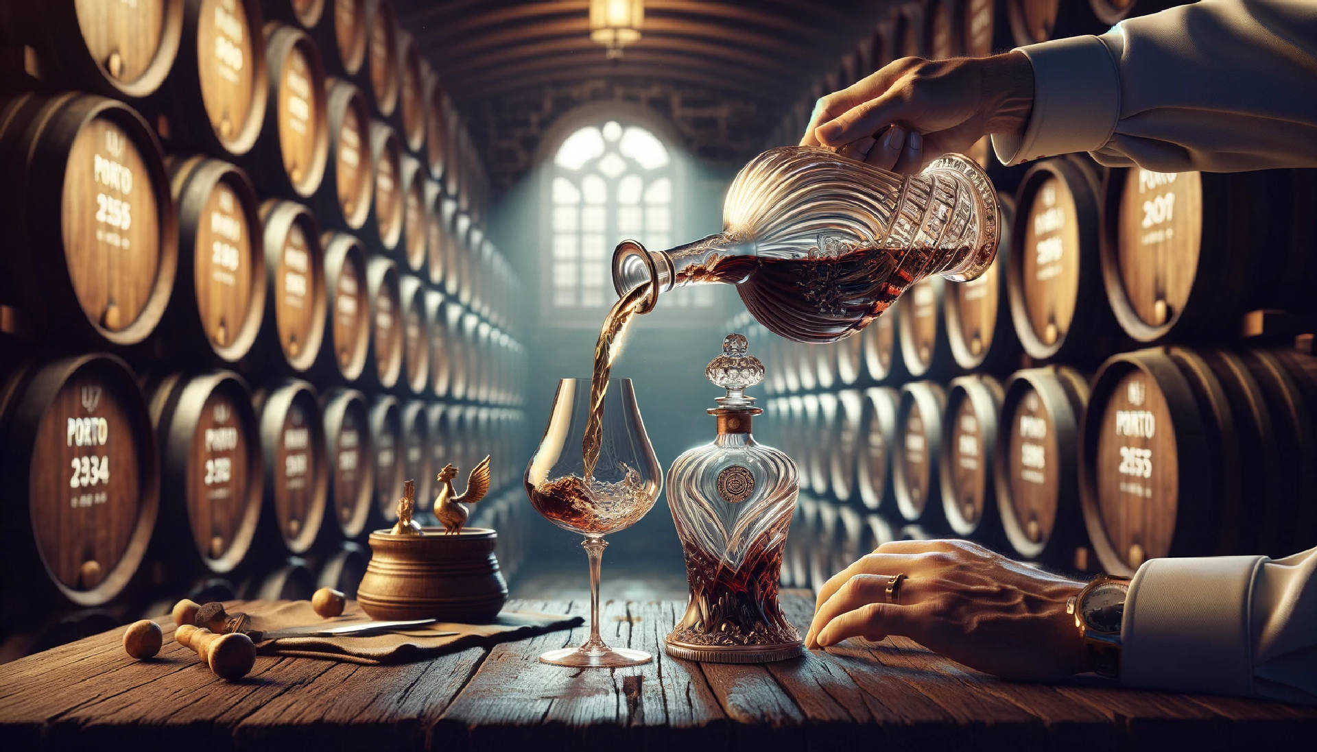 a scene focused on the delicate process of decanting Porto Wine, emphasizing the fluid motion and the clarity of the wine as it's poured from an ornate, vintage decanter into a crystal-clear glass. Image credit: Encyclopedia Wines