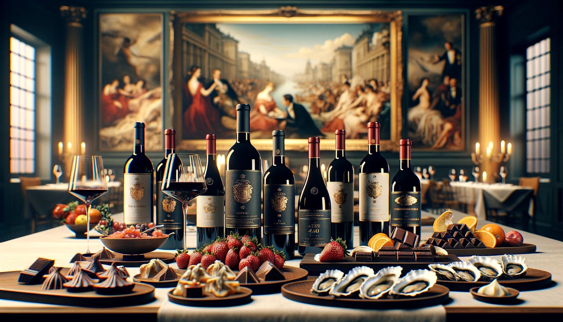 A sophisticated display showcasing various wine bottles, each paired with an aphrodisiac food, to illustrate the art of romantic culinary. | Image credit: Encyclopedia Wines