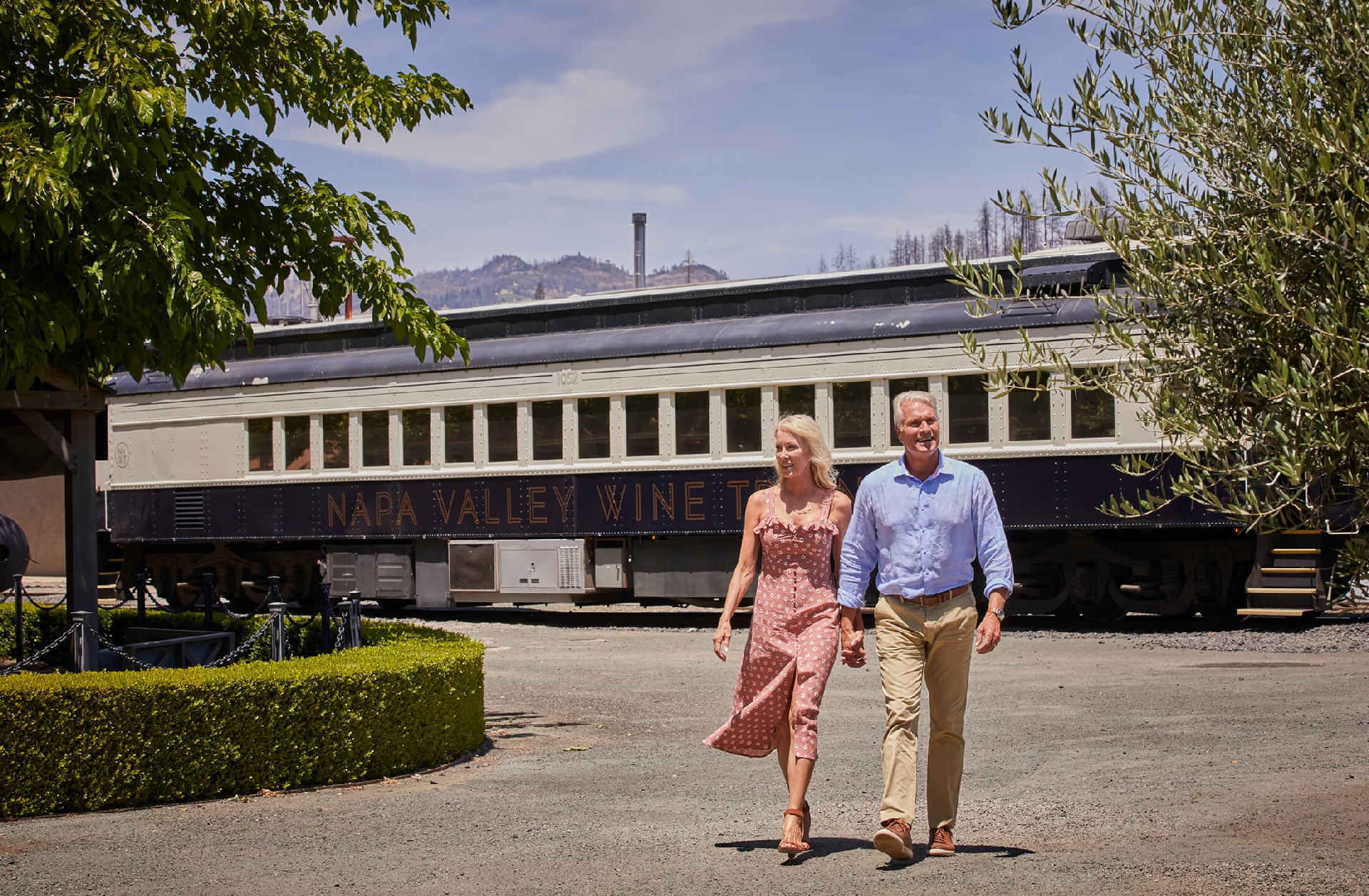 Scenic view of the Napa Valley Wine Train traveling through lush vineyards, capturing the essence of the Napa Valley Wine experience