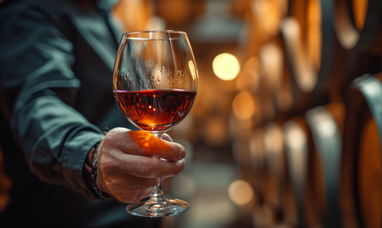 high-quality photograph of a sommelier holding a glass of red Burgundy wine, with a focus on the rich color and texture of the wine. The background shows a blurred view of a classic wineyard with wooden barrels, different grape trees and dim, ambient lighting. by umut taydaş