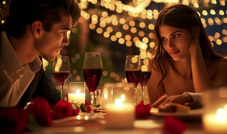 high-resolution photograph of a romantic couple on Valentine's Day. they are in dinner setting, table featuring beautifully decorated red roses, candles, and a selection of the fine quality fine wine for Valentine's Day, elegantly displayed. The lighting is warm and inviting, creating an atmosphere of romance and sophistication. by merasturda enkeste