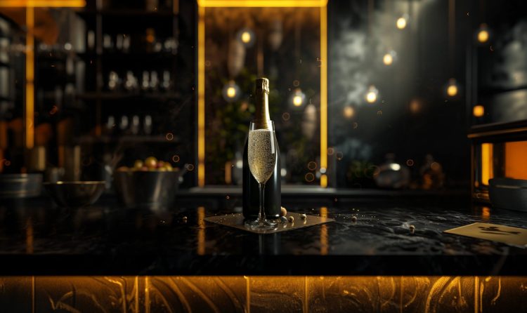 a Champagne bottle being gently aerated in a sophisticated setting byy encyclopedia wines