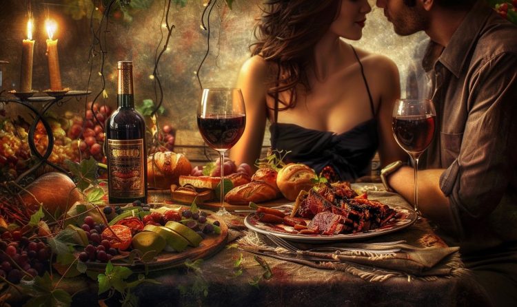 Romantic dinner setting with aphrodisiac foods paired with exquisite wines, capturing the essence of love and sensory delight, focusing on 'Aphrodisiac Food and Wine Pairings | credit: umut taydaş