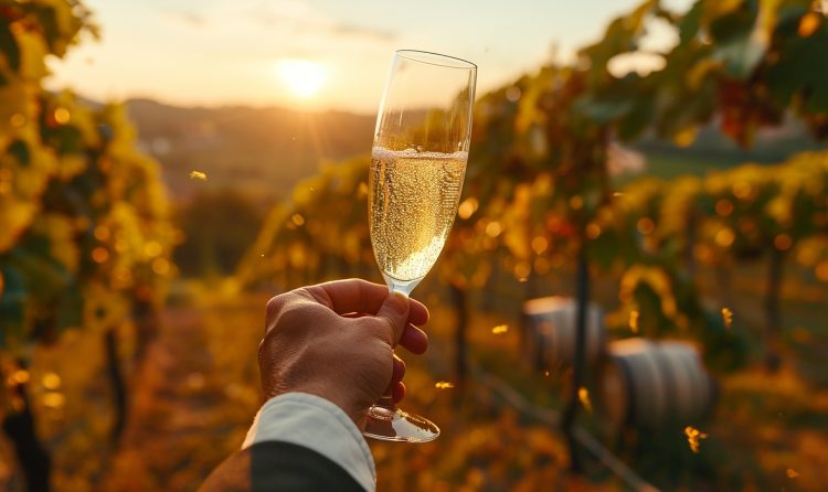 A high-quality, detailed image of a sommelier holding a flute of sparkling wine, with a backdrop of sunlit vineyards and barrels, capturing the essence of a sparkling wine tasting experience in the heart of a renowned sparkling wine region. by merasturda enkeste