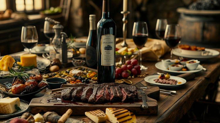 Elegant dining setup featuring 'Shiraz Food Pairing' with a selection of gourmet dishes and a glass of rich Shiraz wine. | image credit: Encyclopedia Wines