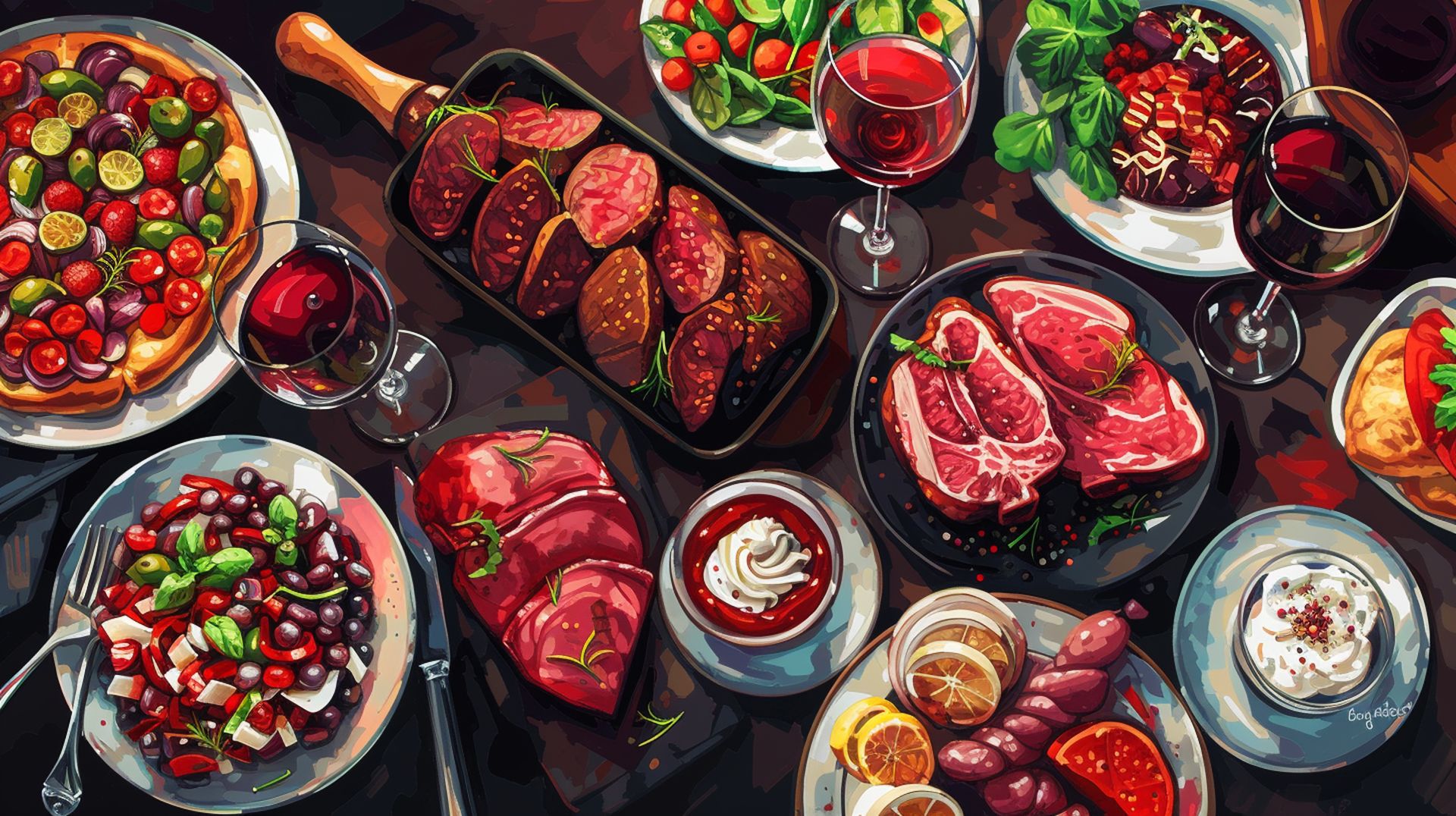 An elegant illustration showcasing various Shiraz food pairings, including red meat, spicy dishes, and desserts, each paired with a glass of Shiraz