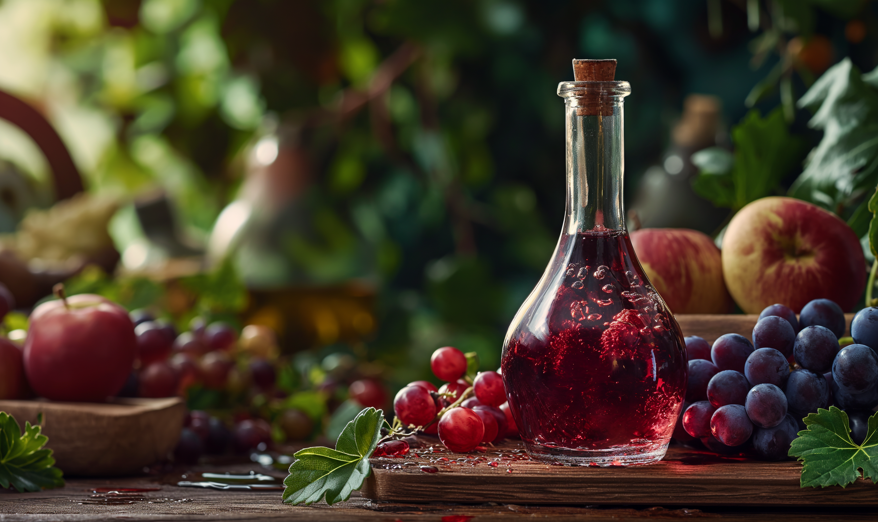 an image that blends the scientific with the natural, illustrating the health benefits of red wine vinegar. Show a juxtaposition of the organic, earthy origins of the vinegar with the precise, beneficial effects it has on the body. 