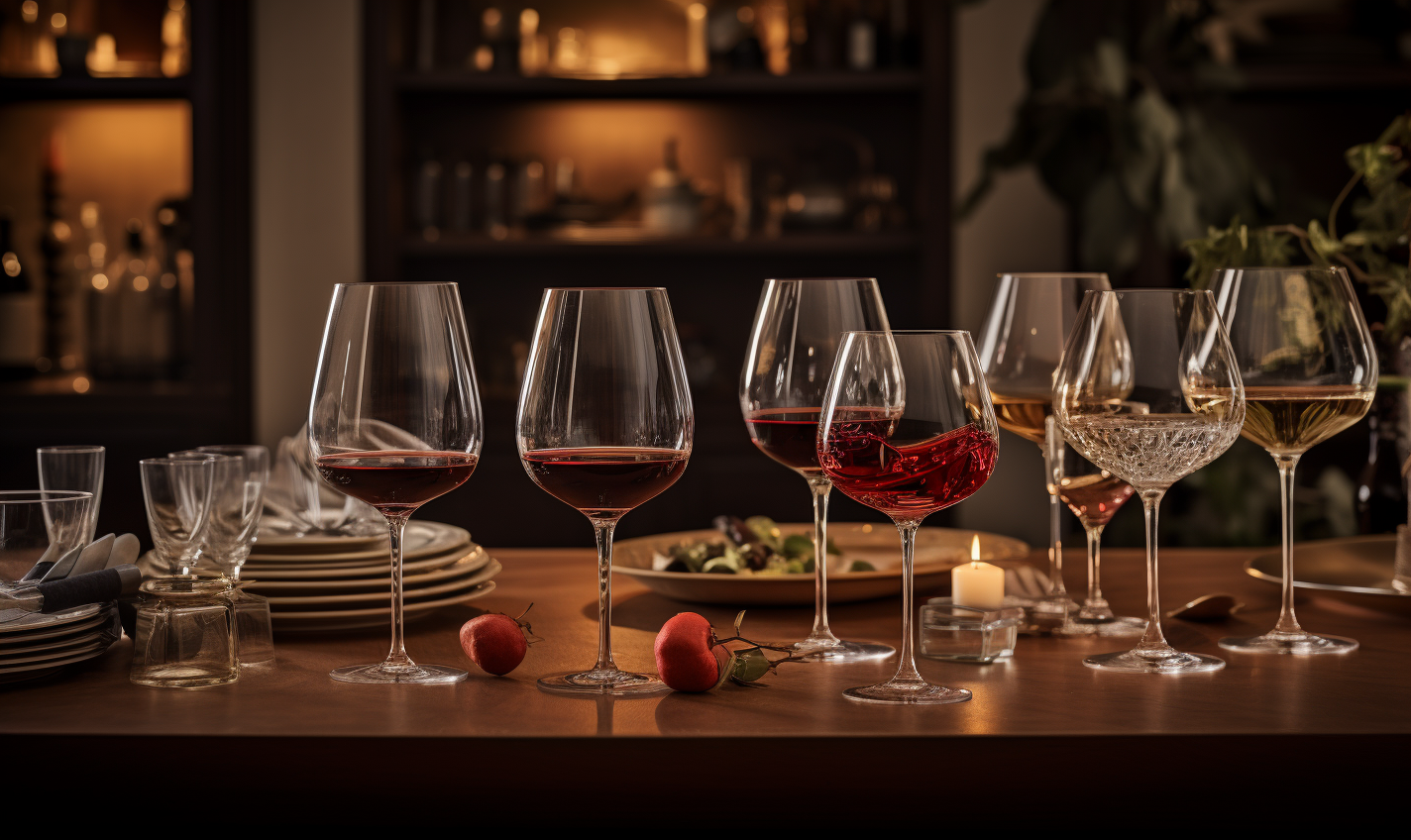 image capturing a variety of elegant glassware appropriate for serving Porto Wine, each glass illuminated under soft, ambient lighting that accentuates the rich, ruby red and tawny hues of Porto Wine by umut taydaş