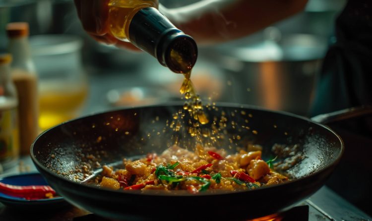 detailed view of a dish being prepared with a Rice Wine Vinegar Substitute, highlighting the transformative effect on the food's texture and color. image credit: Encyclopedia Wines