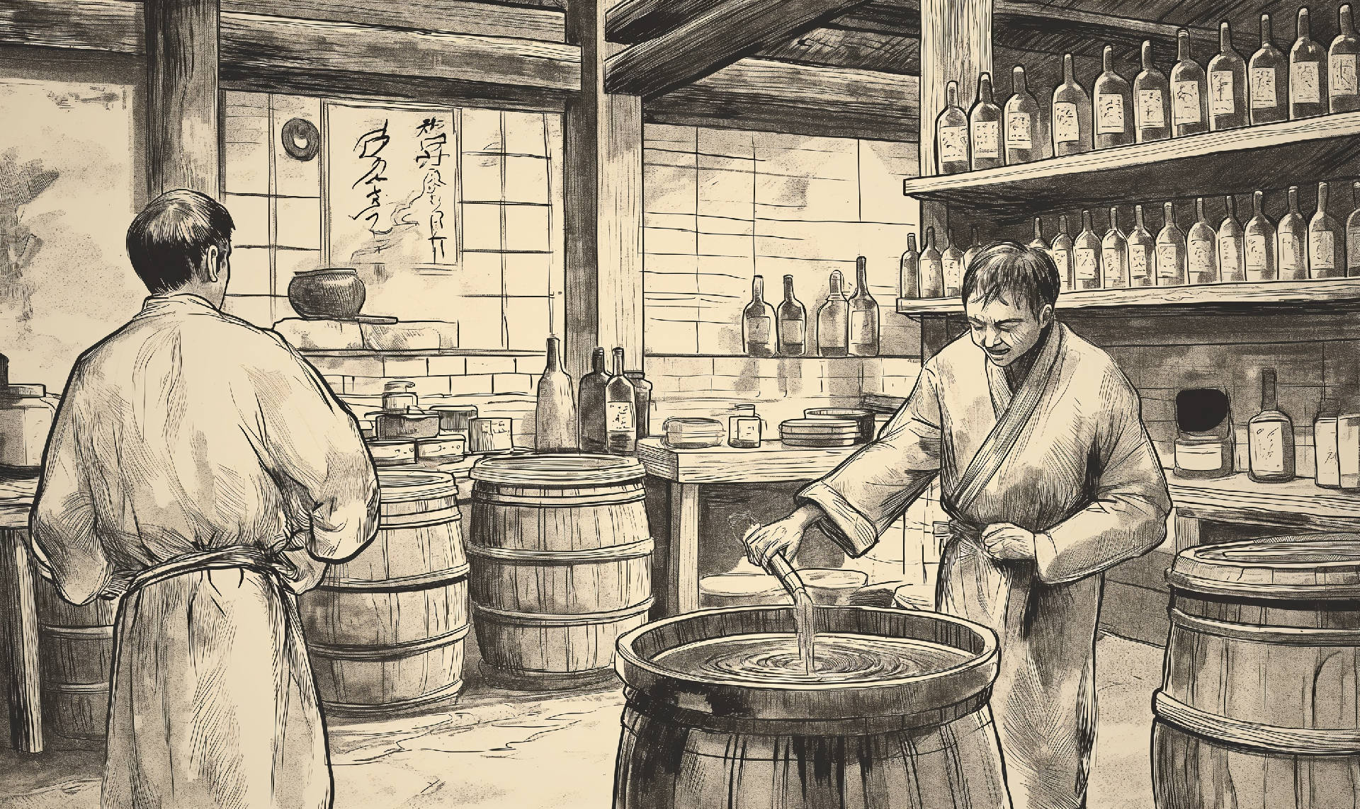 An Illustration of the intricate process of brewing Shaoxing Wine in a traditional Chinese brewery. Credit: Merasturda Enkeste