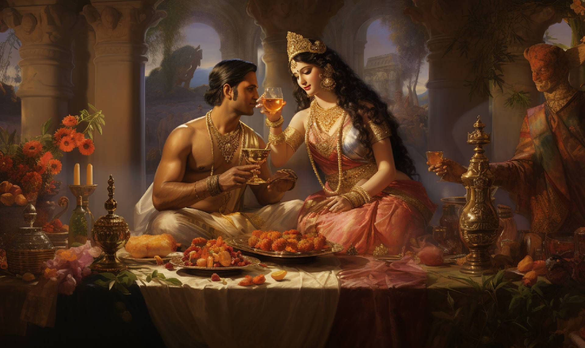 An artistic depiction of wine being used in a Hindu ritual, illustrating the symbolic and cultural significance of wine in Hinduism.