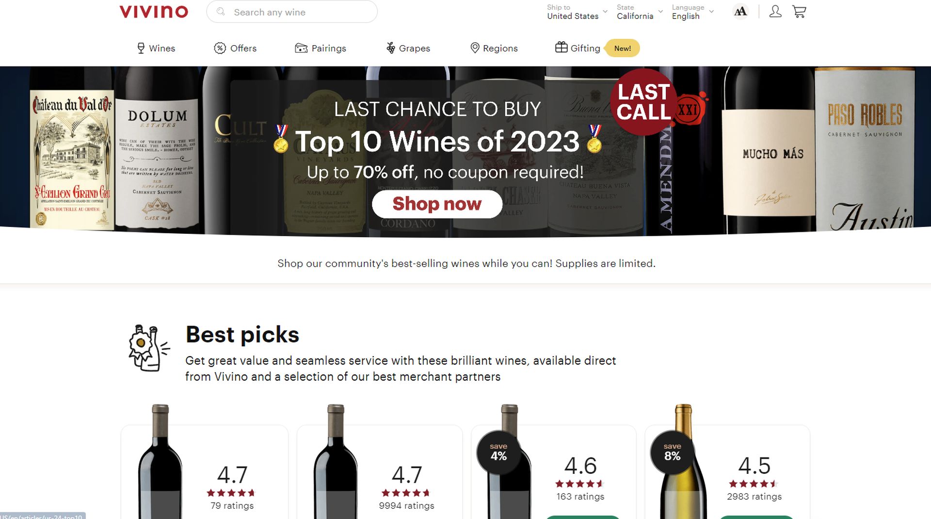 vivino.com screenshot | Selection of exquisite wines featured on one of the Best Sites for Buying Wine Online, highlighting diverse varieties and premium quality.
