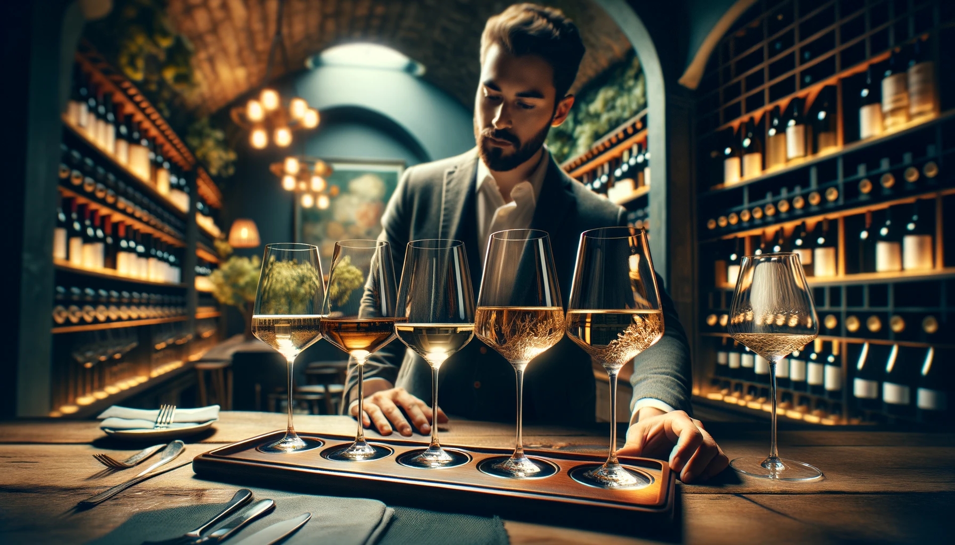 image depicting an intimate tasting room scene, where a sommelier presents a flight of the most exquisite dry white wines. Each glass is illuminated under soft lighting, showcasing the wines delicate hues and inviting aromas. - image credit: Encyclopedia Wines